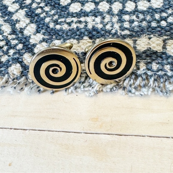 Swank Cufflinks Black Swirl Silver Art Deco Off Set Vintage Mens Formal Wear - Picture 2 of 8